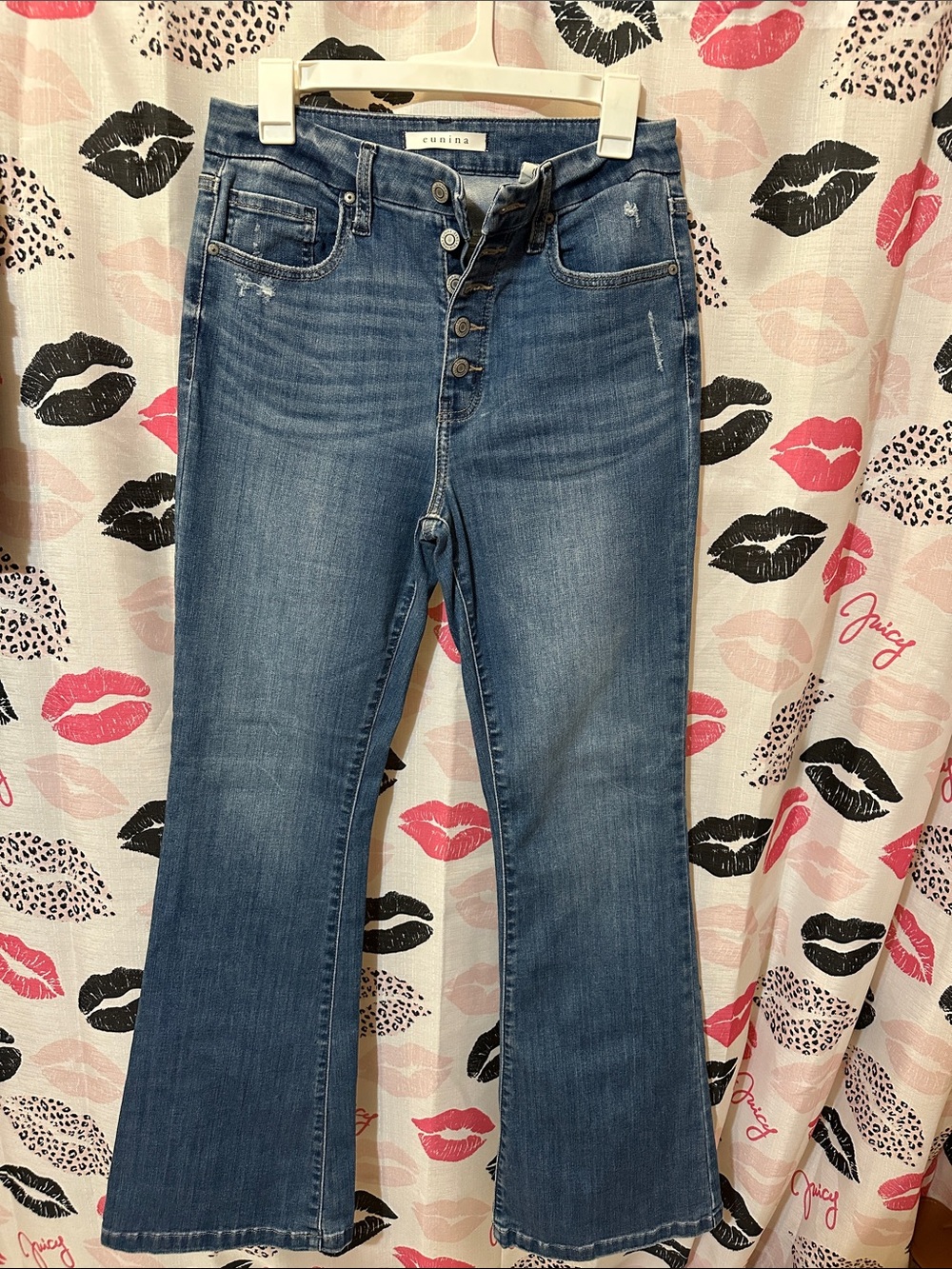 eunina Medium Blue Button-Fly Flare Jeans